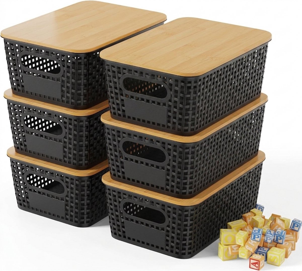 Livatto Opbergdozen met Deksel Set van 6 - Kunststof Opbergbakken Stapelbaar Draagbaar Stofdicht - Zwart - 5L per Doos