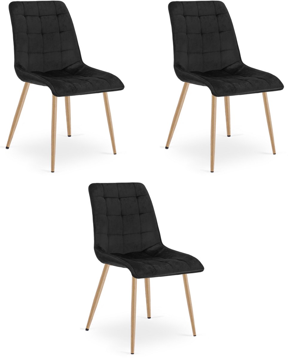 LEOBERT Set van 3 Eetkamerstoelen SPLIT – Zwart Velvet / Fluweel – Gestoffeerde Zitting – Metalen Poten in Eikenlook – Modern Design – Voor Eetkamer en Keuken