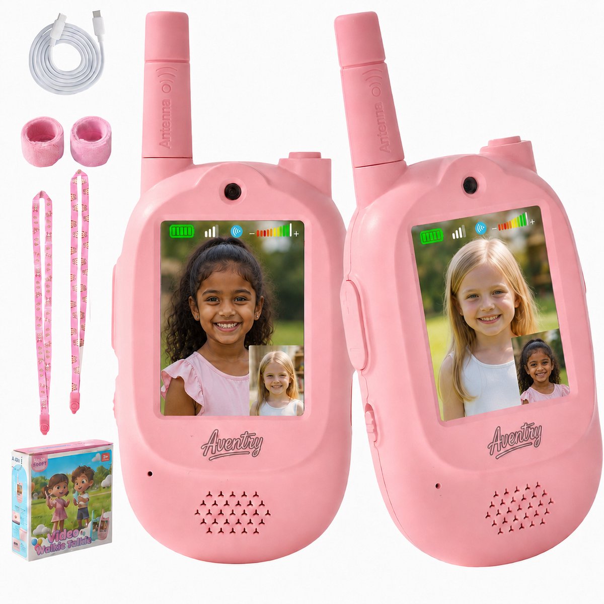 Aventry® Walkie Talkie voor Kinderen - Roze - Video Walkie Talkie met Camera - Portofoon - Oplaadbaar - Handige Draagopties - Set van 2 Walkie Talkies - Klaar voor Gebruik - Roze & Roze