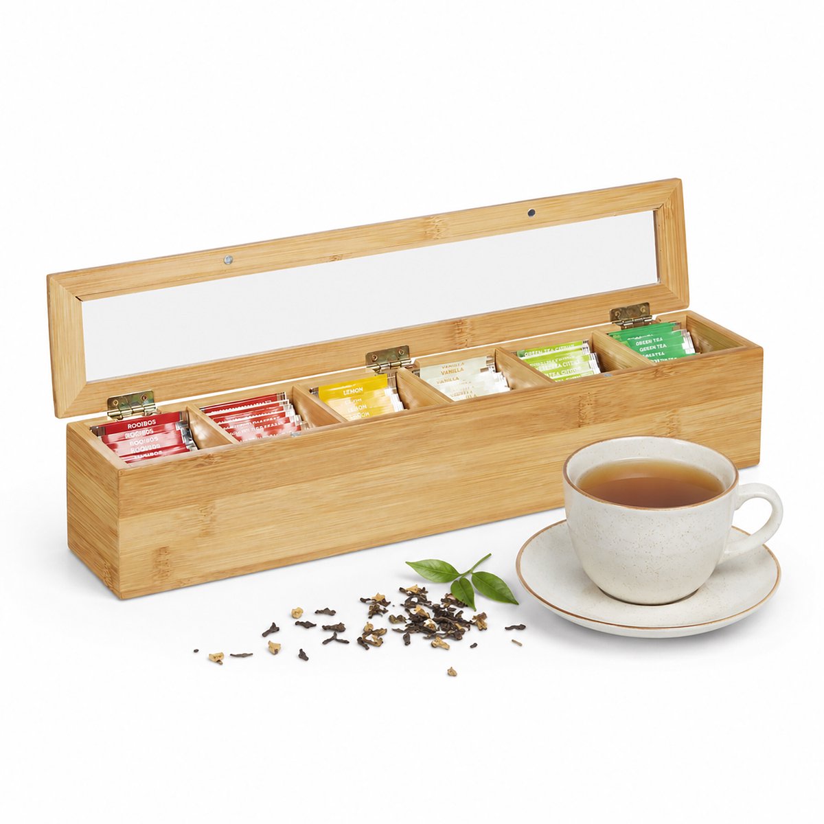 Stijlvolle theedoos - 6 vakken - bamboe - 9x44x9 cm — cadeau in Wonen & Interieur - foto 2