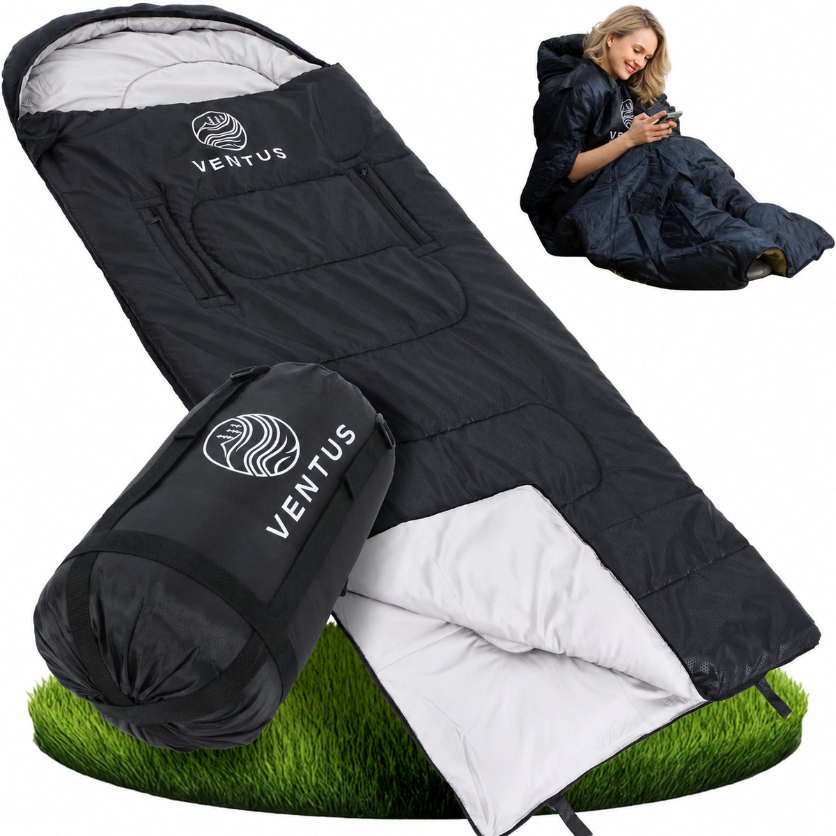 Ventus Comfort Slaapzak - Slaapzakken Volwassenen & Kind - Sleeping Bag - Lichtgewicht - Dekenmodel - 220 x 83 cm - Zwart