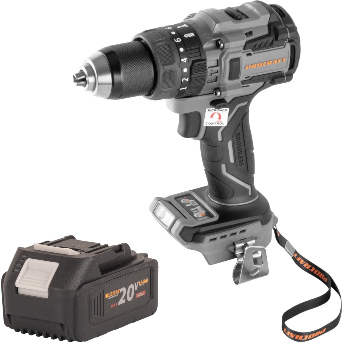 Procraft Industrial CD20B-BB accuboormachine 20 V 150 Nm borstelloos + 1x accu 4,0 Ah - zonder oplader