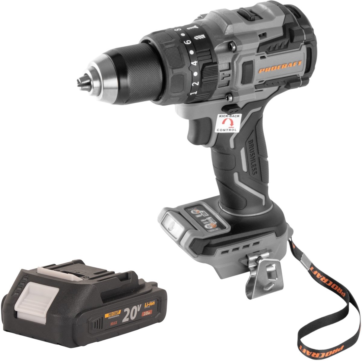 Procraft Industrial CD20B-BB accuboormachine 20 V 150 Nm borstelloos + 1x accu 2,0 Ah - zonder oplader