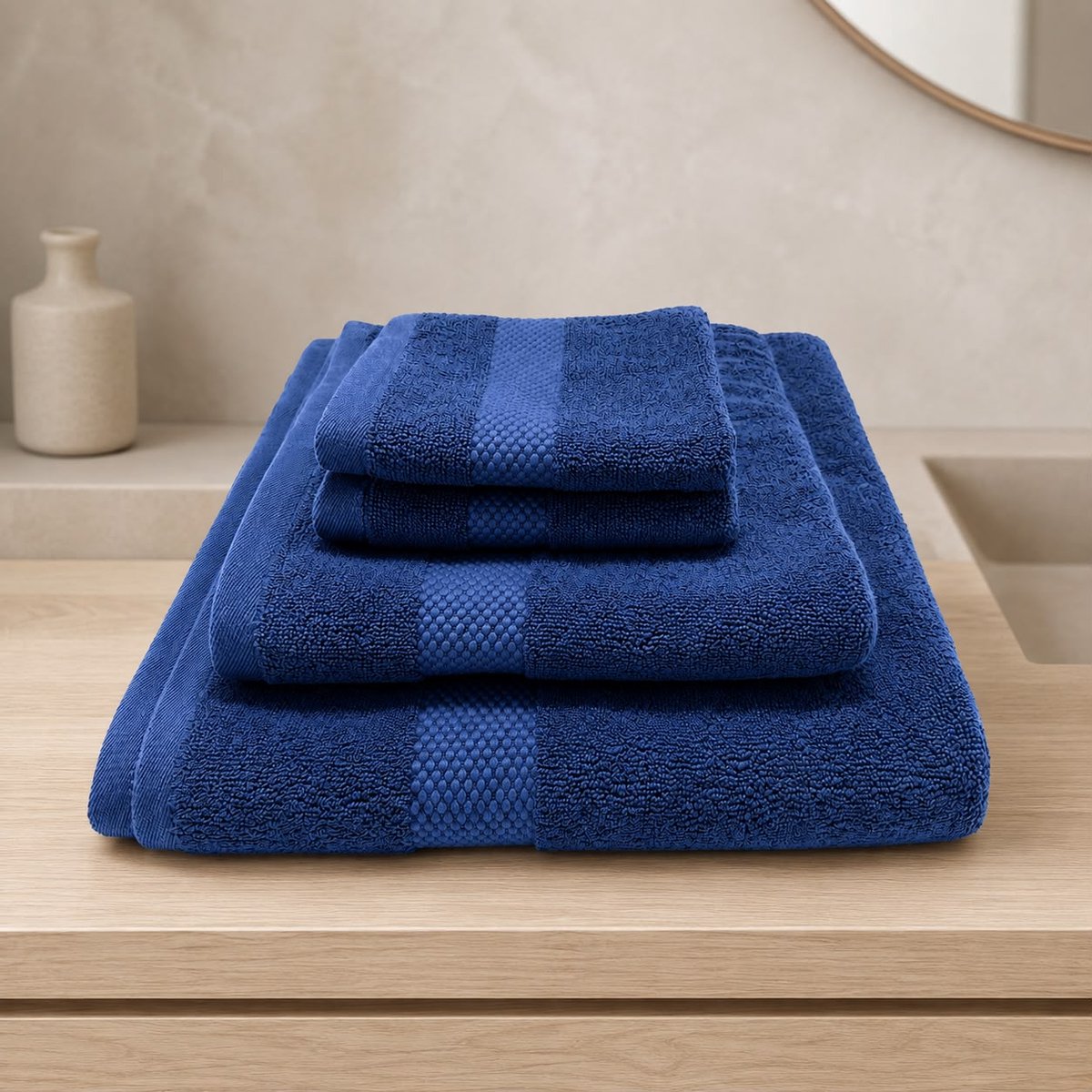 The Linen Room Handdoekenset – 4-delig – Saunahanddoek 100 x 150 cm, Handdoek & 2 Gastendoekjes – 100% Katoen – Dubbelgetwijnd 20/2 Garen – OEKO-TEX® – Sauna, Wellness & Strand – Donkerblauw