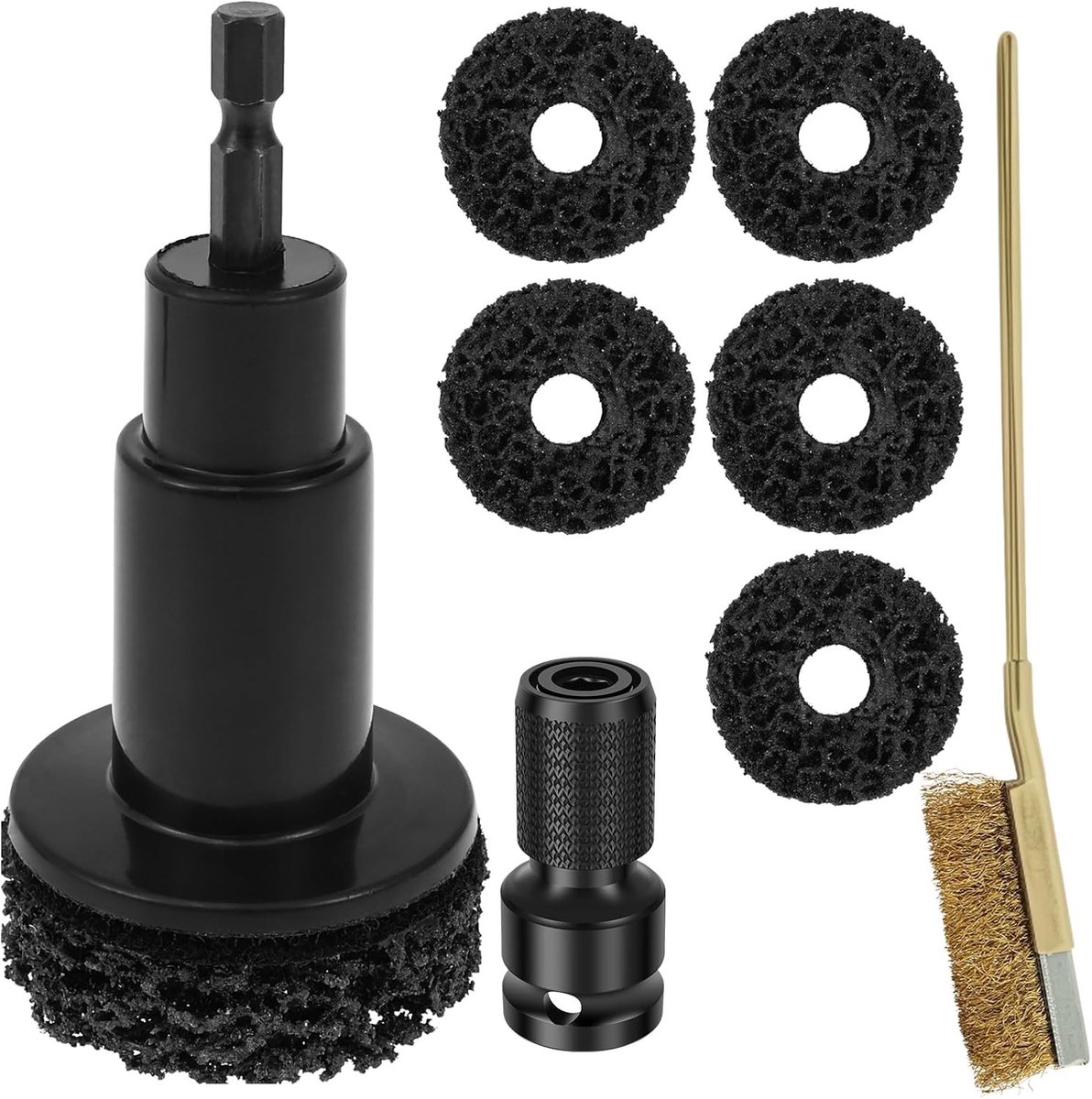 Set van 5 pads en 1 adapter voor het reinigen van velgen en naven, schoonmaakset voor roest en oude verf