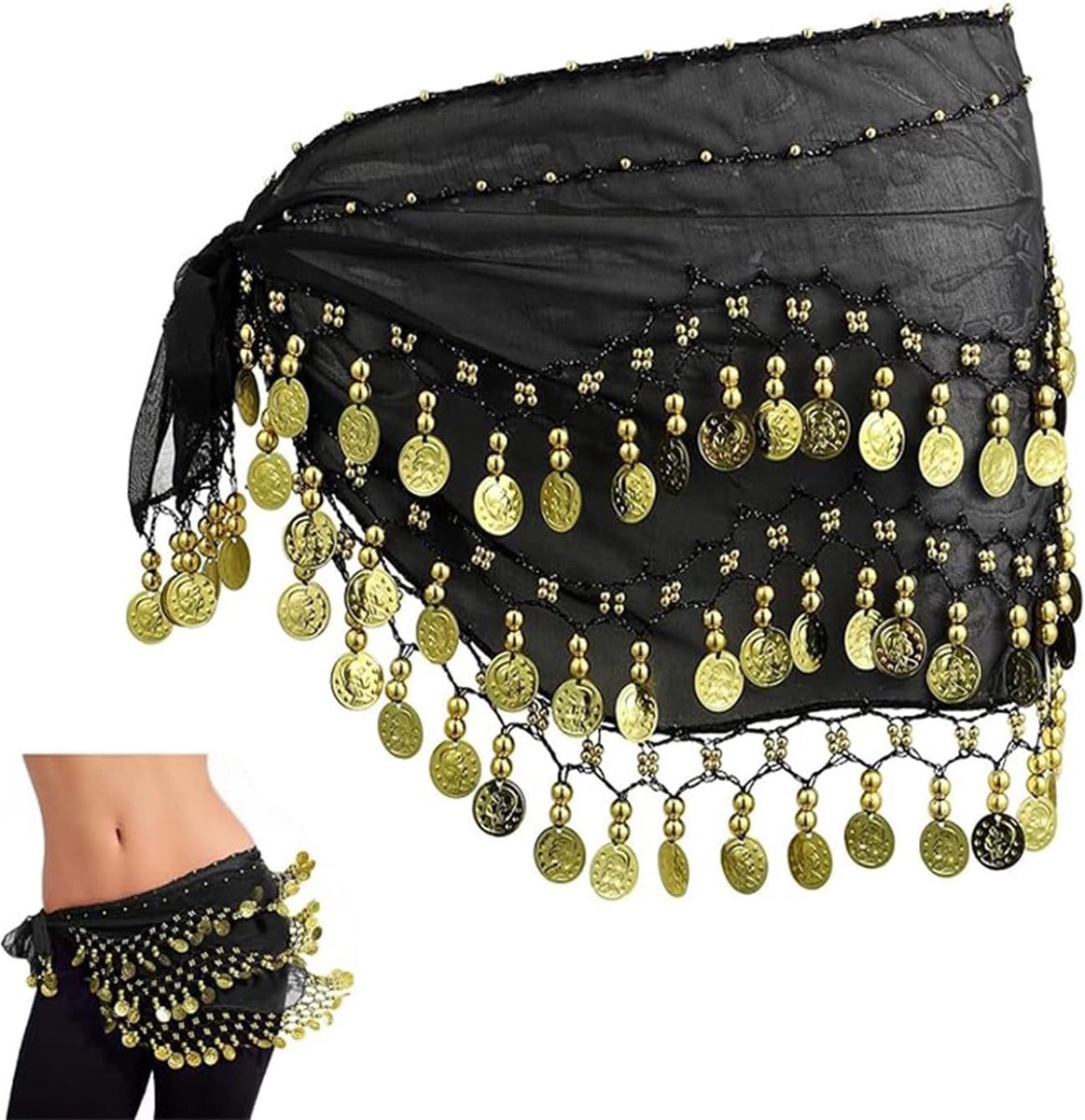 Belly Dance Ceintuur voor Dames, Chiffon Taille Sjaal met 72 Munten voor Oosterse Dans, Perfect voor Danskostuums en Optredens