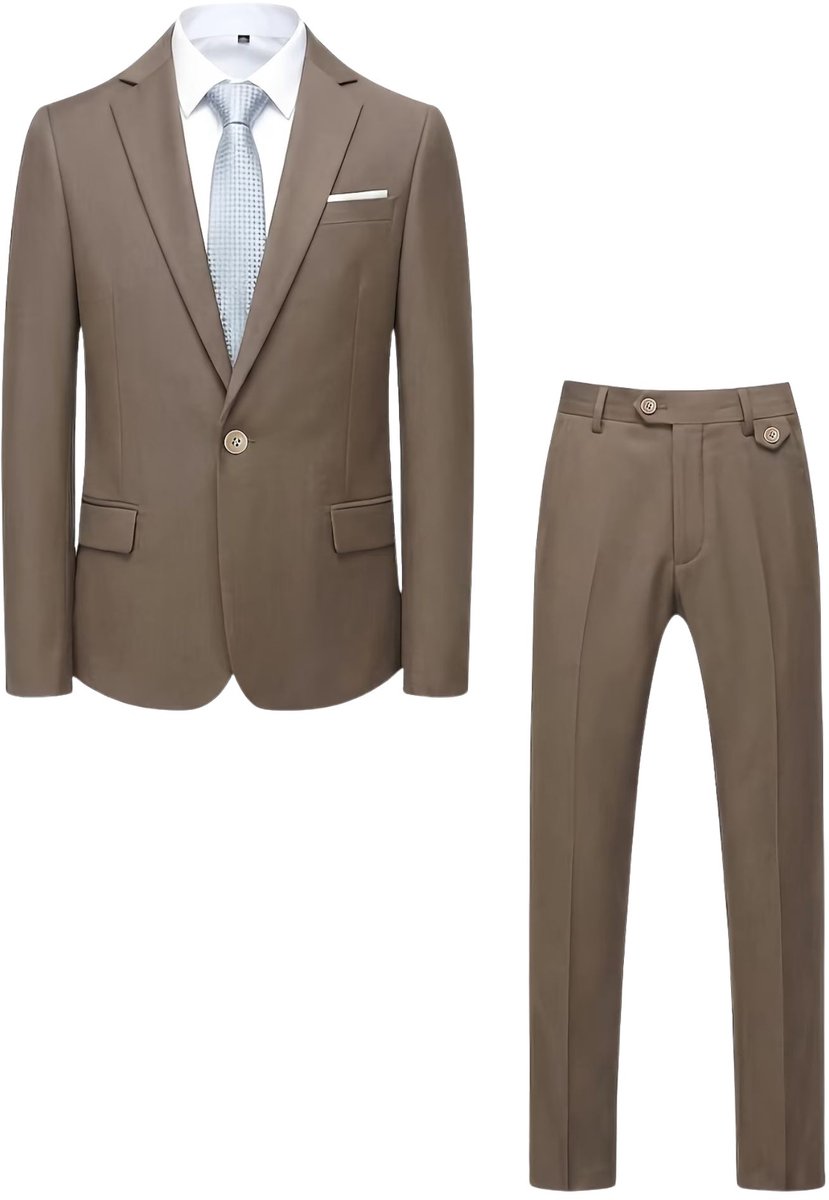 Currero 3 Delig Herenpak Met Overhemd - Suit 2 Delig - Tailored Fit Kostuum - Business Pak - Trouwpak - Smoking - Tuxedo Stijl - Bruiloft, Kantoor & Feest - Khaki M