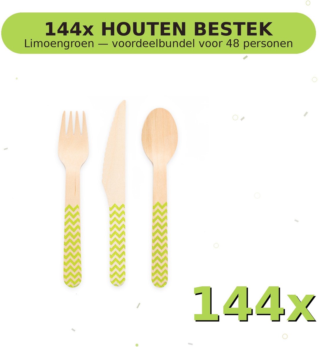 Houten bestek FSC Limoengroen - Voordeelverpakking 144 Stuks voor tot 48 Personen - Feestartikelen