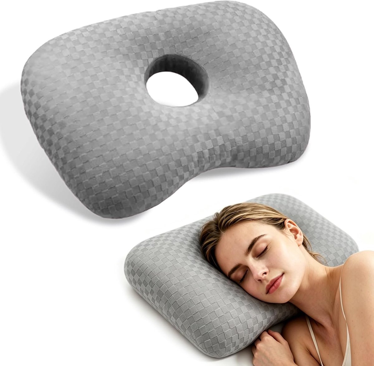 Piercing Pillow with Ear Hole, Ergonomic Cushion for Side Sleepers, Doughnut Pillow, 44 x 32 x 2 cm, Pressure Relief - ShopVlot