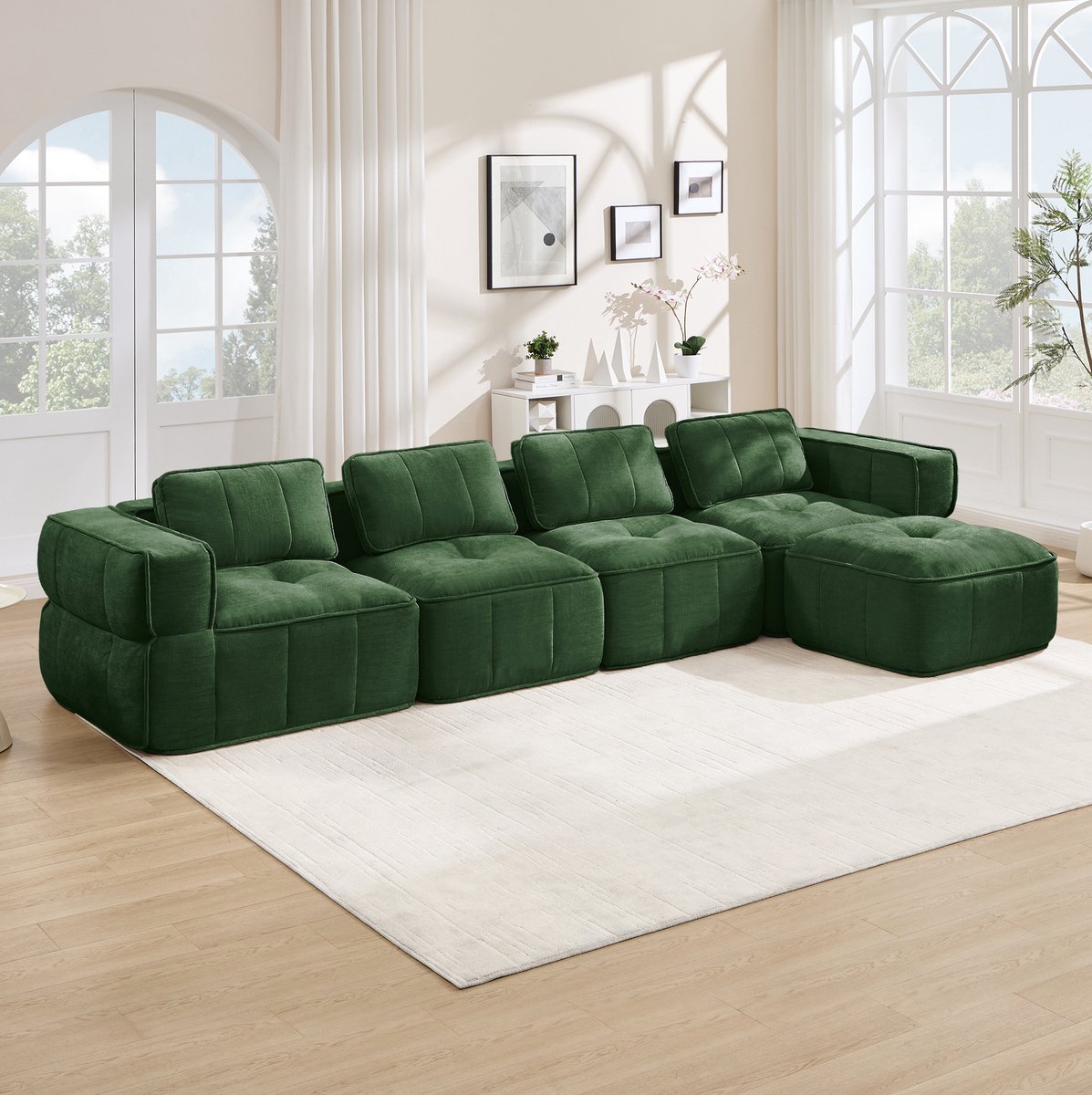 DESMIU Hoekbank 4-Zits - L-Vormig Modulaire Bank Met Ottomaan En Brede Armleuningen - Voor Woonkamer - Polyester - Groen Green
