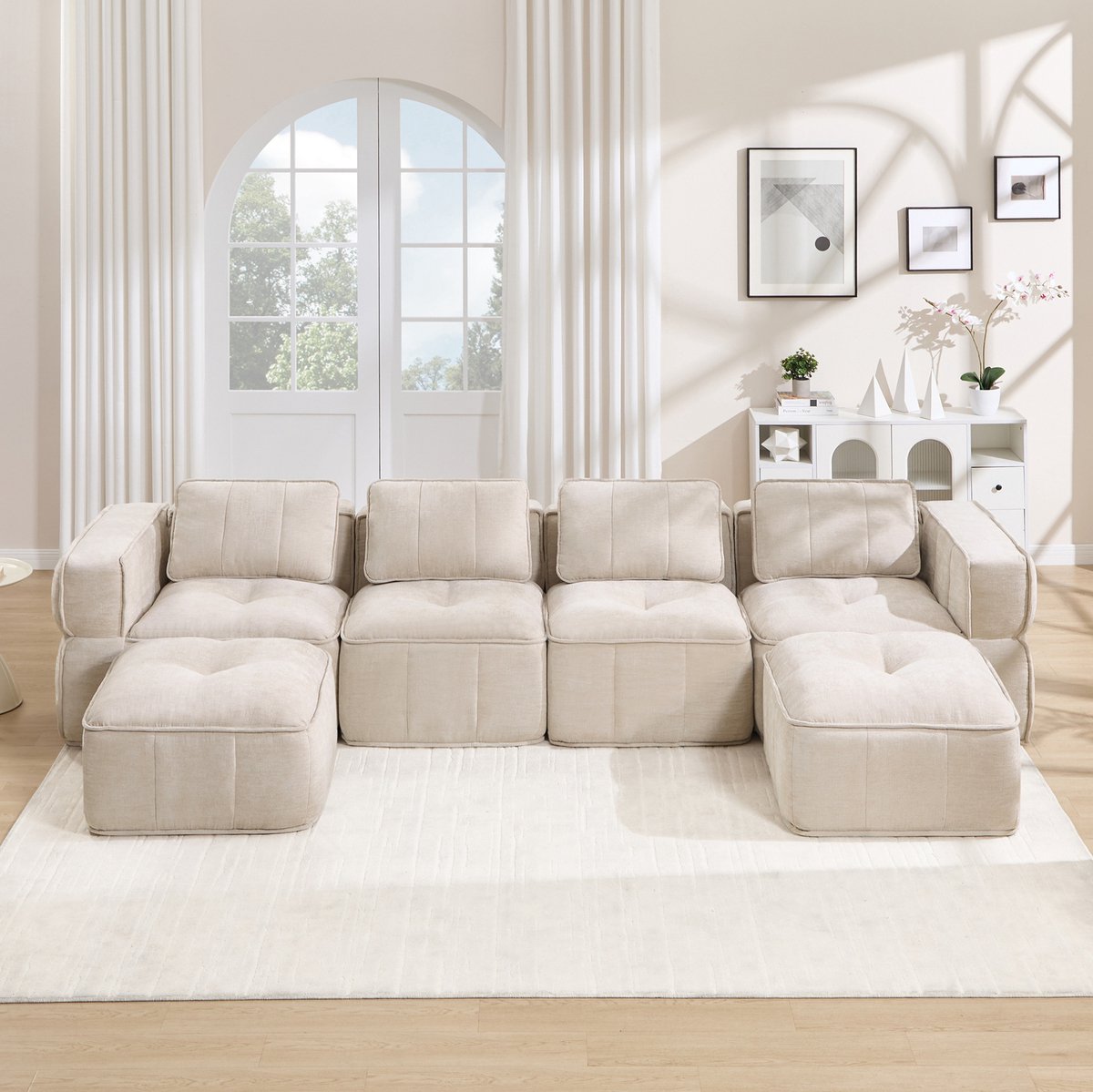 DESMIU U-Bank 344 Cm - Modulaire 4-Zits Met 2 Hockers, Zachte 32D-Hoogdicht Schuimvulling En Zonder Montage - Voor Woonkamer - Polyester - Beige