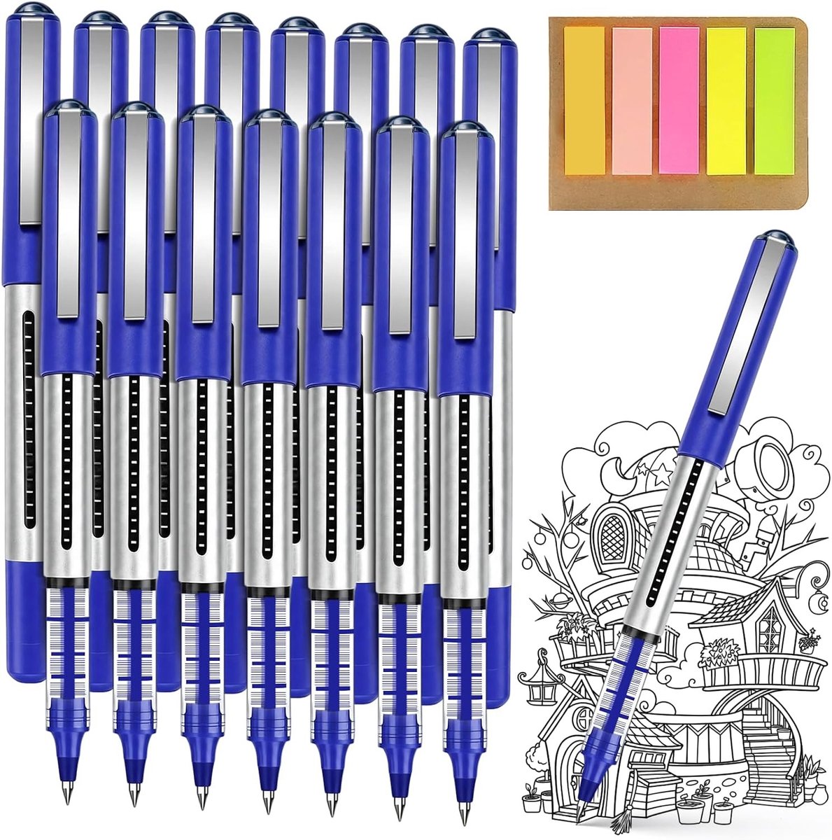 Gelballpointpennen - Blauw - 0,5 mm - Vloeibare Inkt met Zelfklevende Indexmarkeringen - Voor School en Kantoor