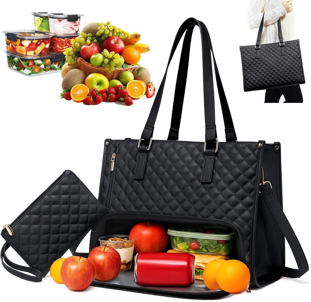 Lunchtas met geïsoleerd lunchvak - Grote draagtas voor werk - 2-in-1 tas voor vrouwen - ShopVlot