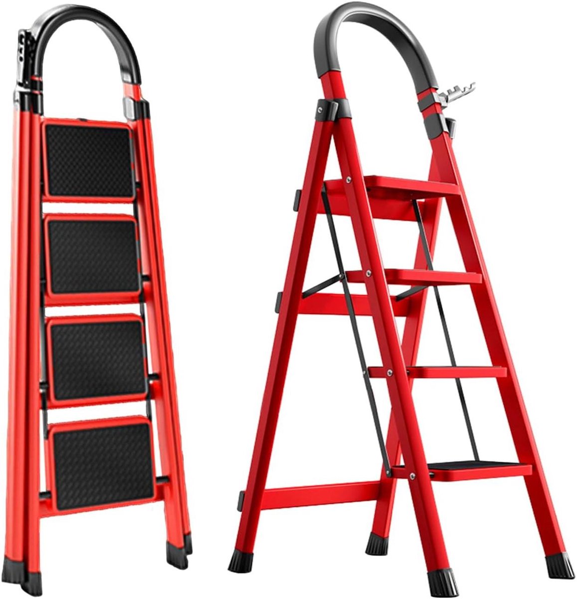 Inklapbare trapladder - Vouwladder met leuning - Huishoudelijk gebruik - Antislip brede treden - 4 treden - Rood