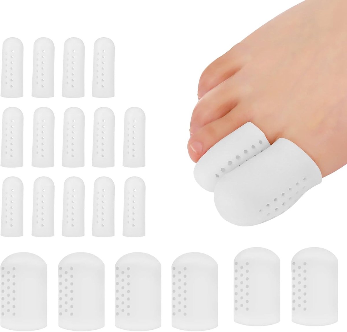 Set van 20 siliconen teenvorken en vingerbeschermers voor blaren, eelt en ingegroeide teennagels, ideaal voor verlichting van wrijving en pijn.