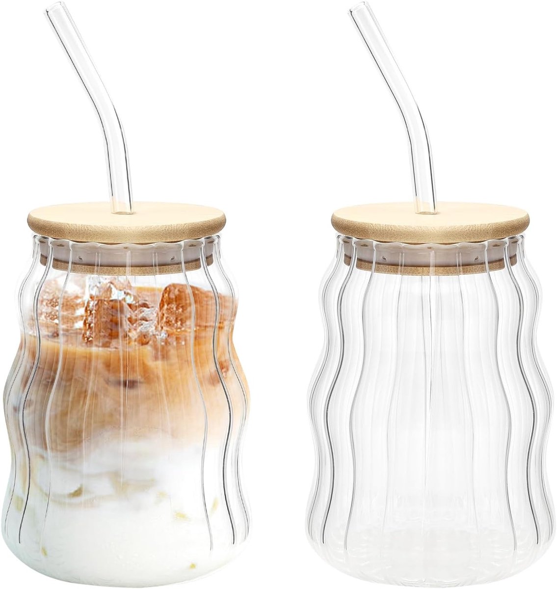 Set van 2 geribbelde drinkglazen met glazen rietjes, ideaal voor iced coffee, cocktails en water met deksel en rietje