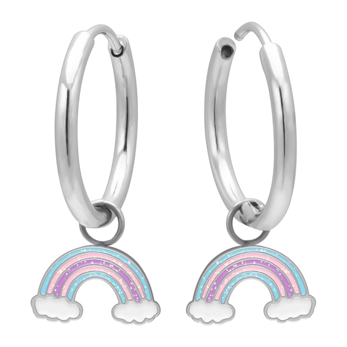 Kinderoorbellen Meisjes – Oorhangers Regenboog – 316L Chirurgisch Staal – Geschikt voor Gevoelige Oren – Pastel Regenboog met Glitter – Oorringen 12 mm