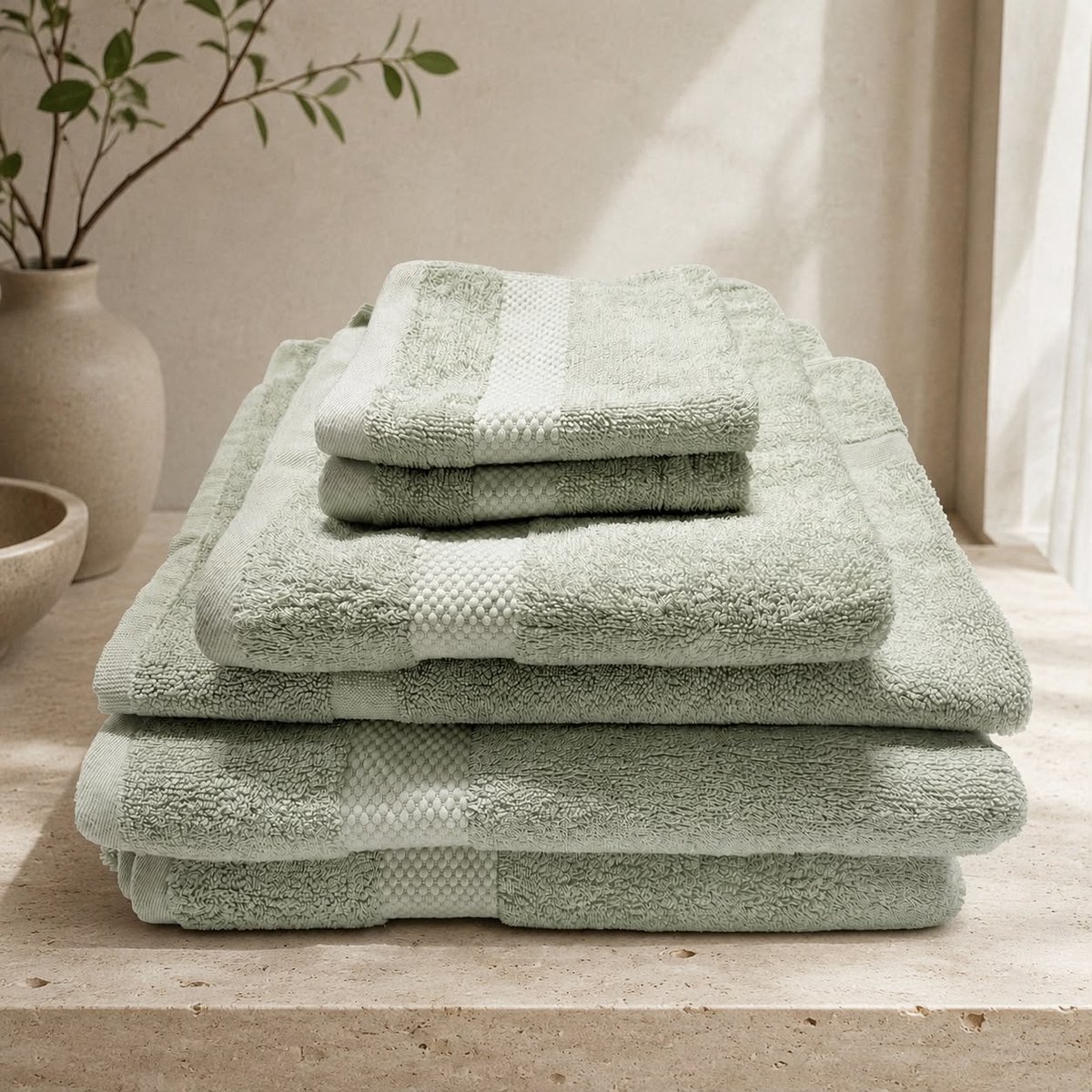 The Linen Room Badkamerset – 6-delig met Badmat – Saunahanddoek, Douchehanddoek, Handdoek & 2 Gastendoekjes – 100% Katoen – Dubbelgetwijnd 20/2 Garen – OEKO-TEX® – Saliegroen