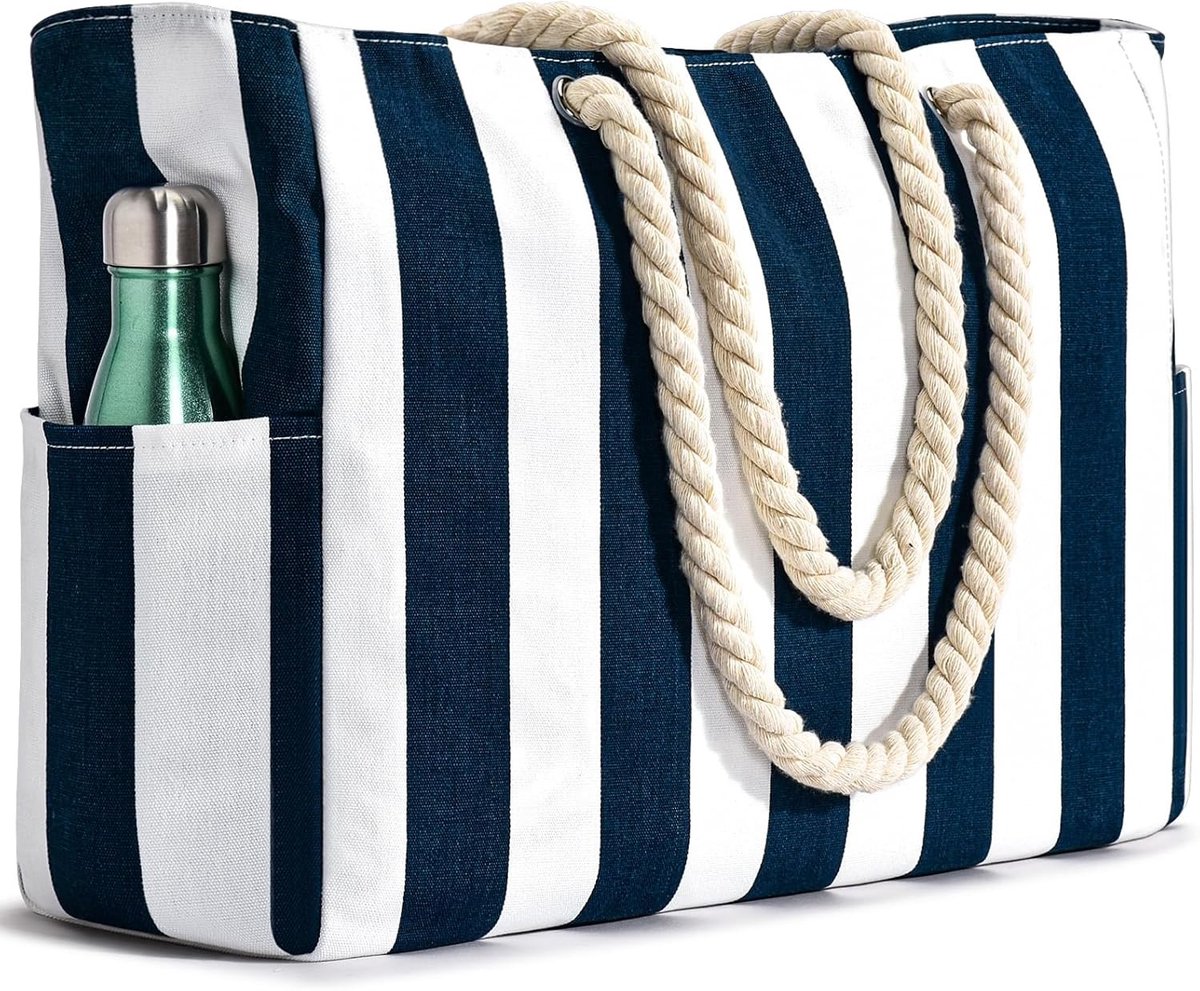 Waterdichte Strandtas met Rits en Naspocket, Grote Tas voor Vrouwen, Ideaal voor Strand en Zwembad, Gestreept Design