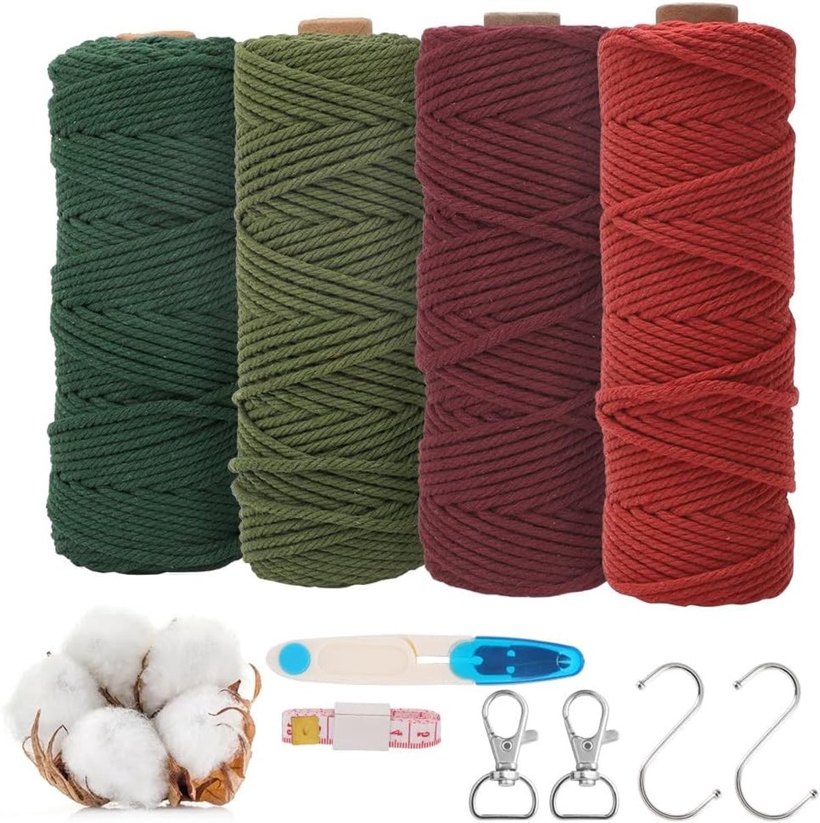 Macrame Touw 3 mm Set van 4 voor DIY Creaties, Wanddecoratie, Plantenhanger en Gordijnen