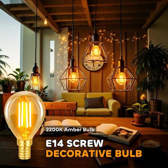 Set van 6 E14 LED Vintage Lampen, 4W Filament Vervangt 40W Gloeilamp, Warm Wit 2200K, Amber Glas, 400 Lumen, Golfbal P45/G45, Niet Dimbaar, Nostalgische Decoratie voor Huis, Café en Bar — afbeelding 3