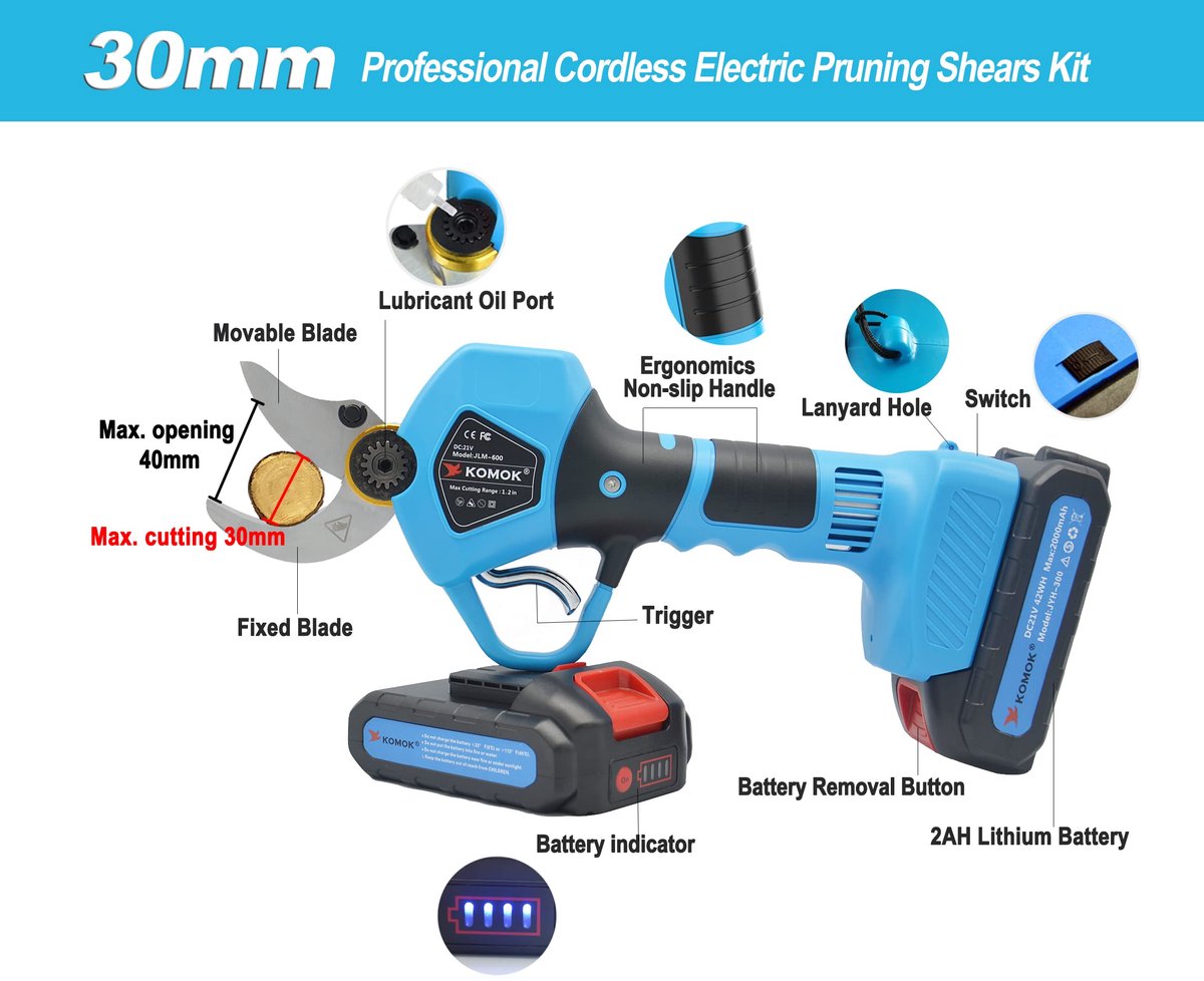 Draadloze elektrische snoeischaar 21 V - 2 stuks oplaadbare accu - max. 30 mm snijdiameter - ideaal voor tuinonderhoud - ShopVlot