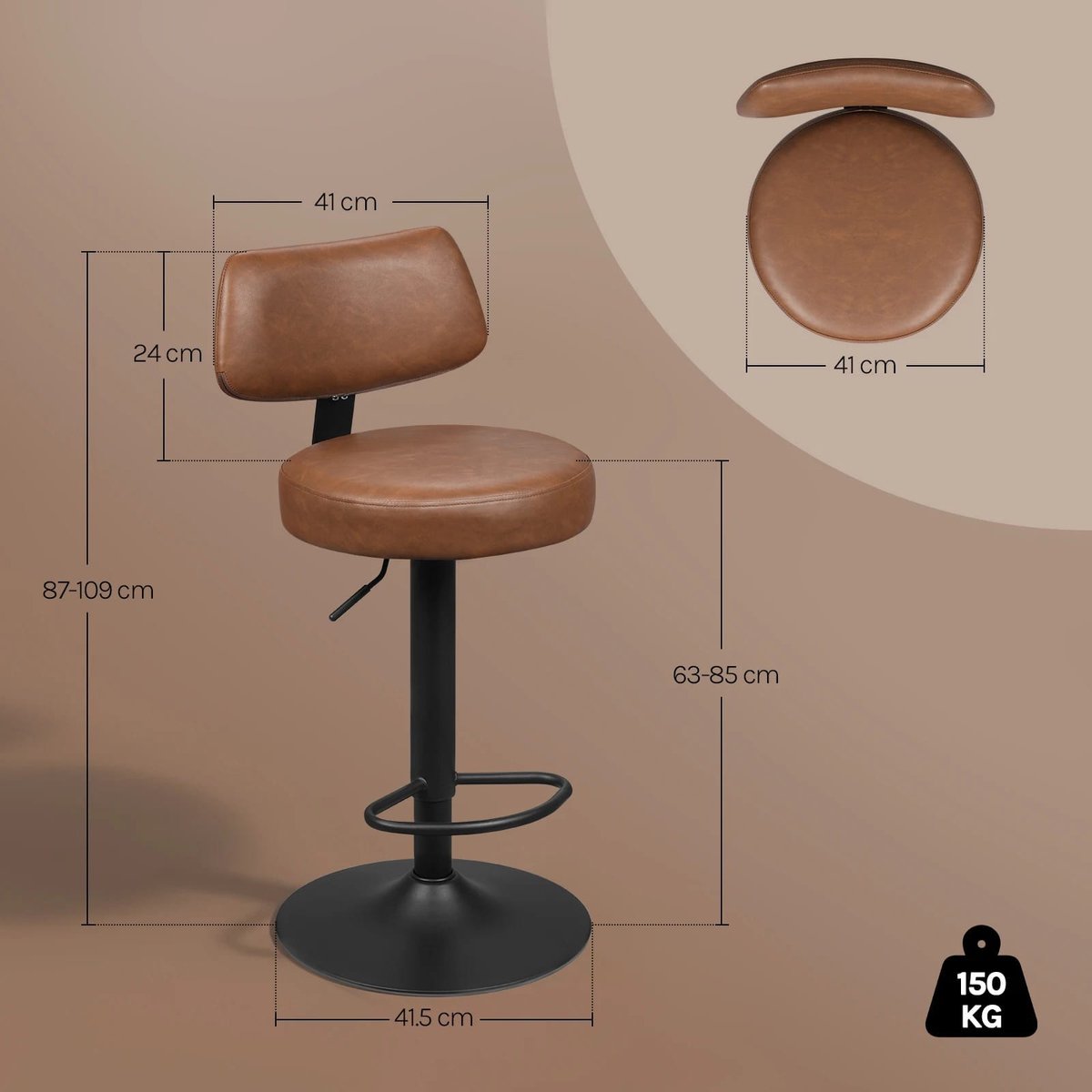 Klarven® Barkrukken Rustiek bruin - Set van 2 met Rugleuning - Hoogte Verstelbaar en 360 Graden Draaibaar - Kunstleer, Belastbaar tot 150 kg - B 41 x D 48 x H 84-109 cm