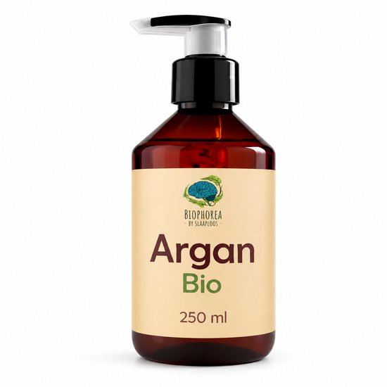Flacon pompe brun Biophorea Argan Bio 250ml, sur fond blanc.