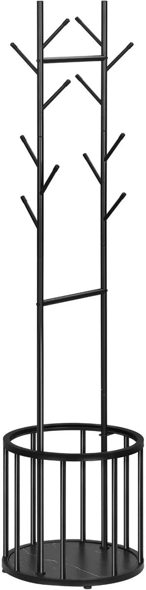 Klarven® Kapstok Zwart - 12 haken en opbergmand, staande garderobestandaard, ruimtebesparend - Metaal, 4 antislipvoeten - B 41 x D 41 x H 175 cm