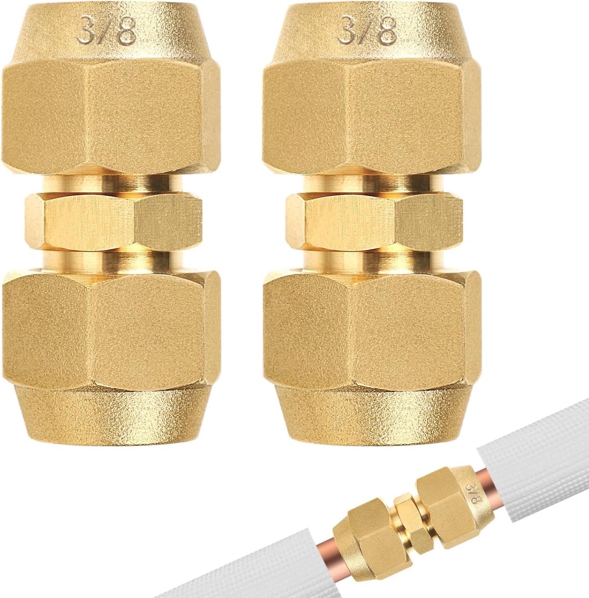 Set van 2 dubbele koppelingen voor 9.5 mm koperen buizen - Geschikt voor airconditioning - Geen laswerkzaamheden nodig - Inclusief 2 koppelingmoeren - Duurzaam en eenvoudig te installeren