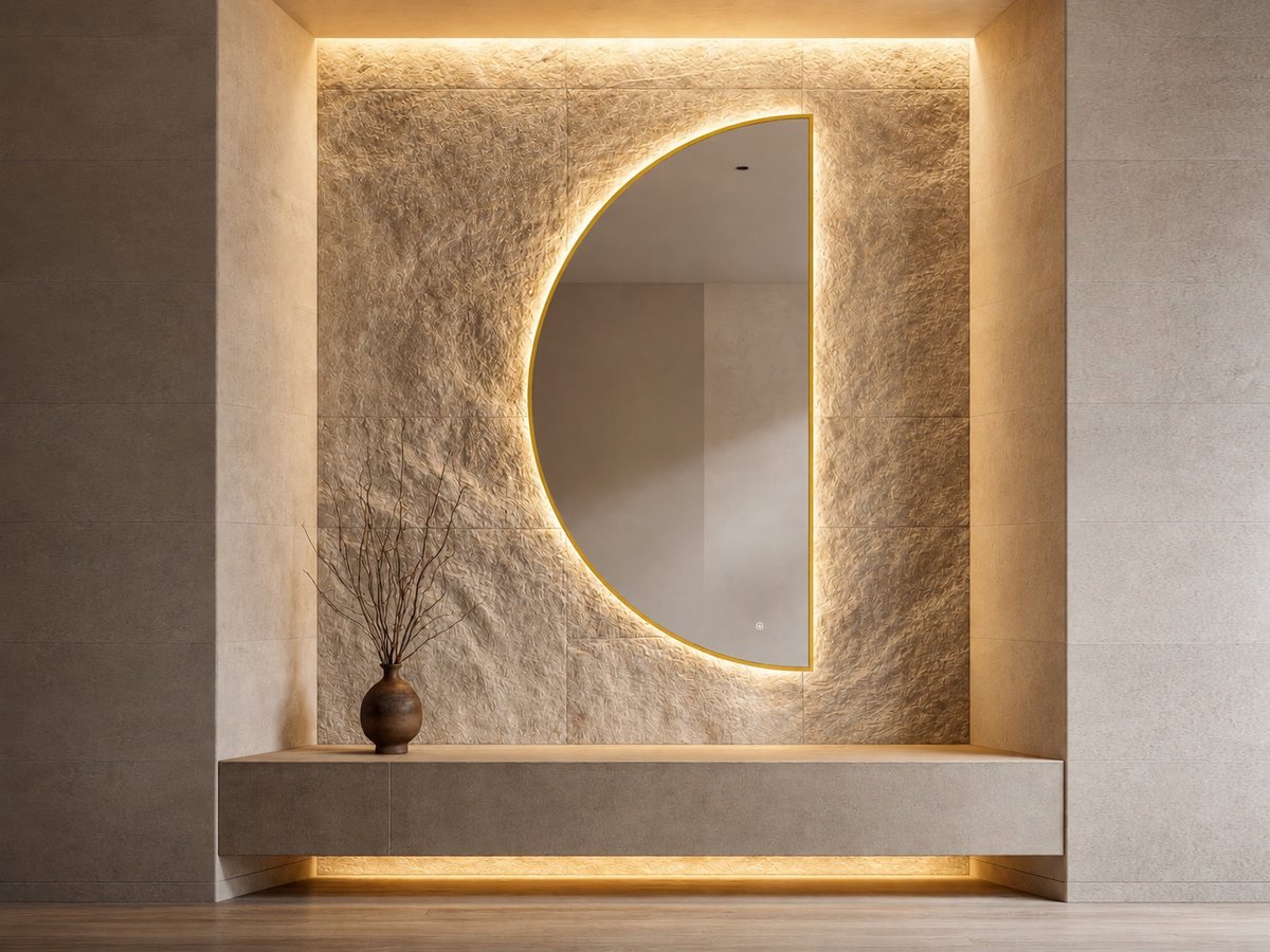 Mawialux Halve Maan LED Spiegel - Geborsteld Goud - Halfrond Links - 90x180cm - Decoratieve Spiegel - Woonkamer Spiegel - Gang Spiegel - Slaapkamer Spiegel - Entree Spiegel - Jazz