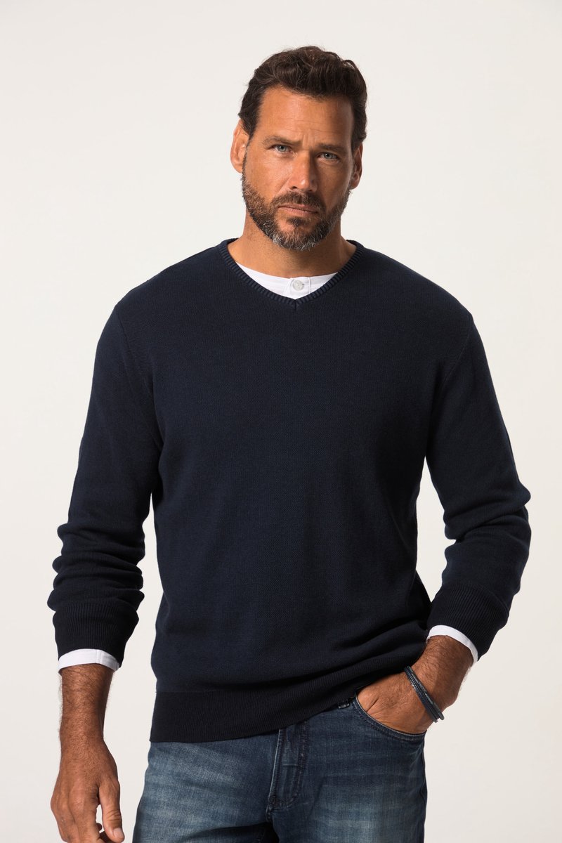 JP 1880 - Heren - Trui CashmereTouch fijn breisel V-hals - Navy blauw - Maat 4XL
