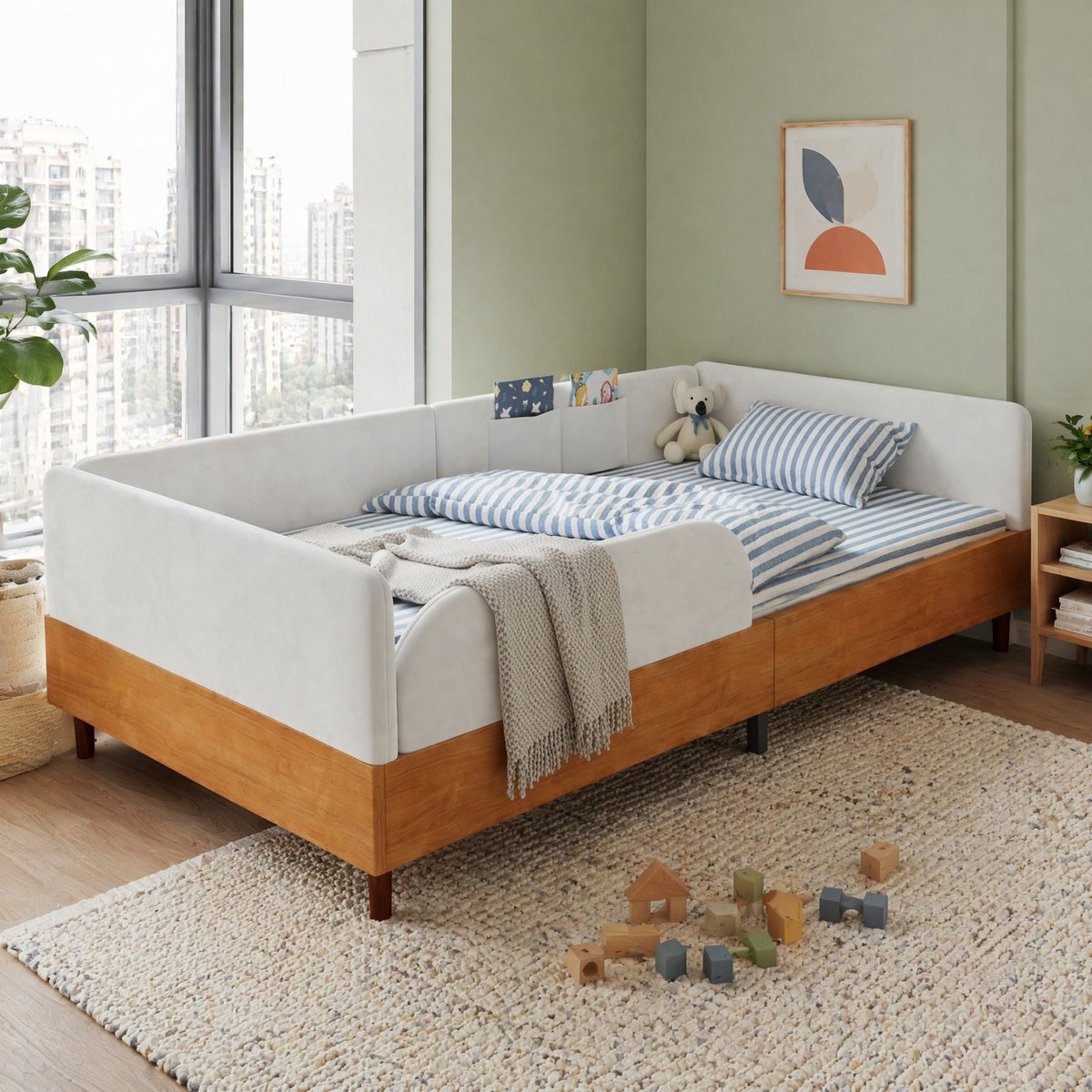 Wishdor Kinderbed 90x200 cm - Bed met 2 opbergvakken - Veilig omrand ontwerp - Zacht fluweel en houten frame - Wit naturel - Eenpersoonsbed voor kinderkamer