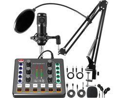 Podcast set - Audio interface mixer - Muziek opnemen - Rijke geluidseffecten - BM-800 microfoon - Zwart