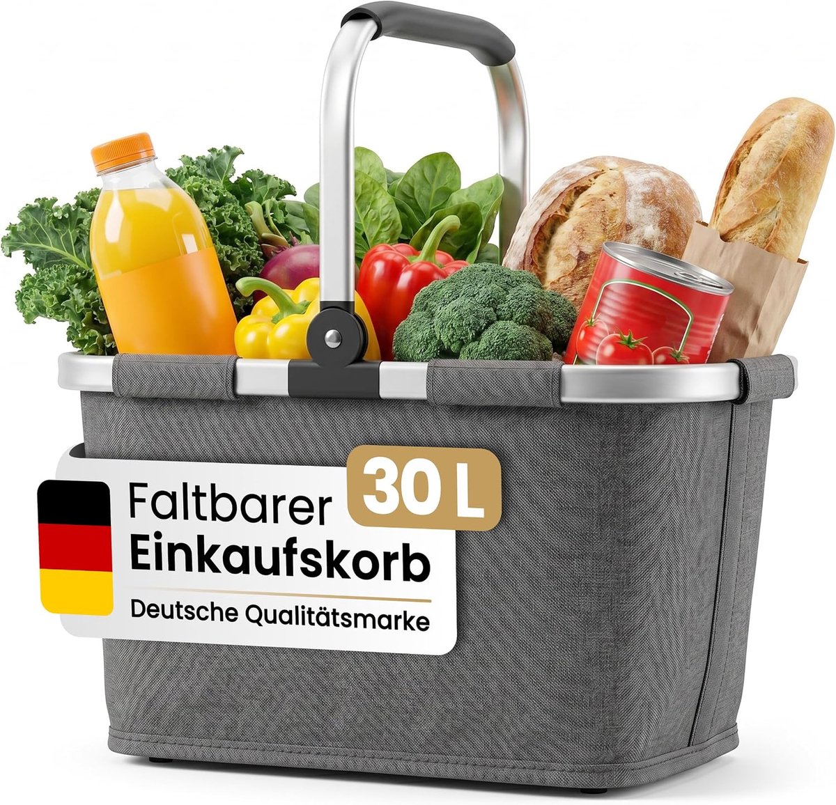 Boodschappenmand 30 liter - grijs - opvouwbaar - met aluminium handvat - ideaal als picknickmand - ShopVlot