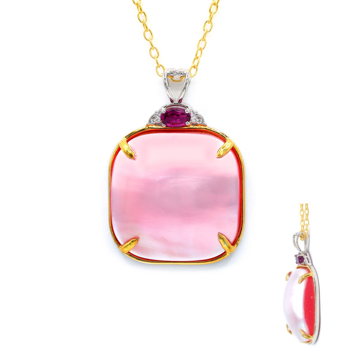 Cavill - Zilveren Halsketting 925 Sterling Zilver Verguld - Roze Mabé-parel 21 mm - Tanzania Granaat 0,27 ct - Elegante Parelketting Dames 50 cm