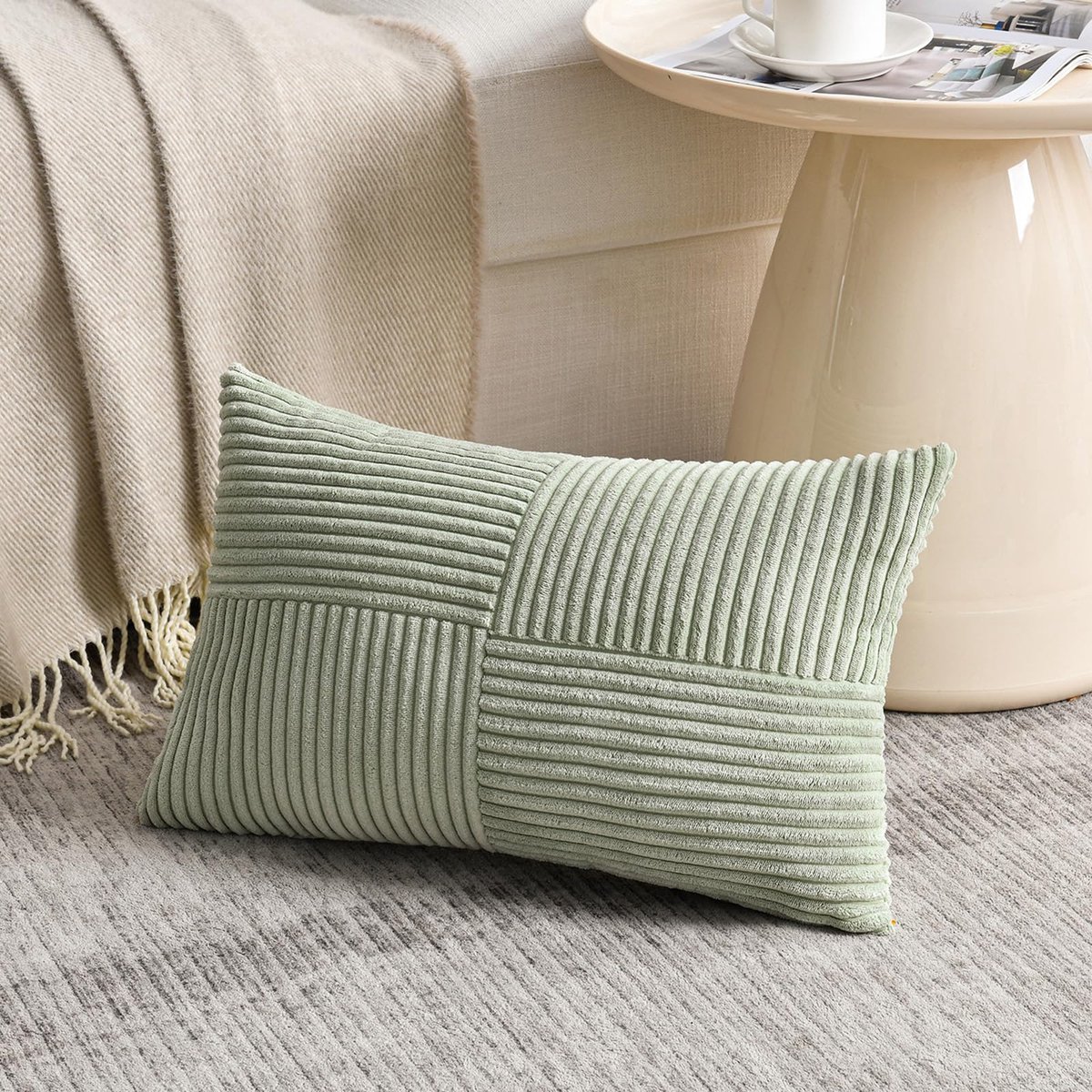 Kussenslopen 35 x 55 cm - Lichtgroen corduroy - Modern kruispatroon - Zacht en decoratief - ShopVlot