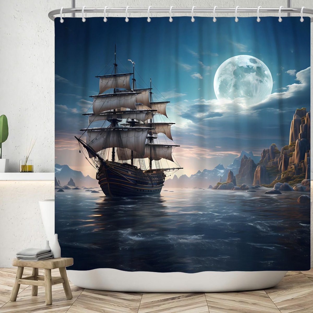 Douchegordijn 180 x 200 cm - Polyester - Maritiem design met zeilboten en maanlicht - Waterdicht en wasbaar - ShopVlot