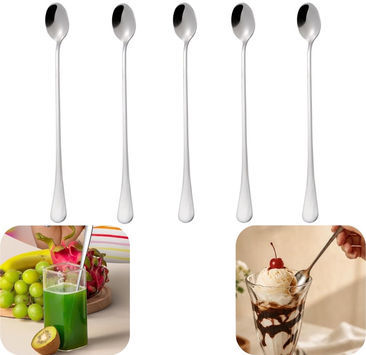 5 stuks lepels - roerlepel - lange steel lepel - roestvrijstalen lepel - koffielepel - lange steel - hittebestendig - gemakkelijk schoon te maken - keukenaccessoires - geschikt voor koffie, thee, bar (zilver, 23,5*3 cm)