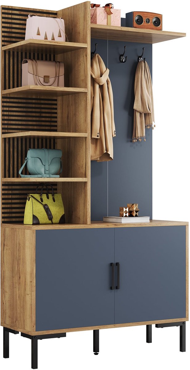 Merax Halmeubel met Schoenenkast - 100 x 40 x 190,5 cm - Houtkleur en Zwart - Kapstokhaken - Verstelbare Legplank - 4 Zijvakken