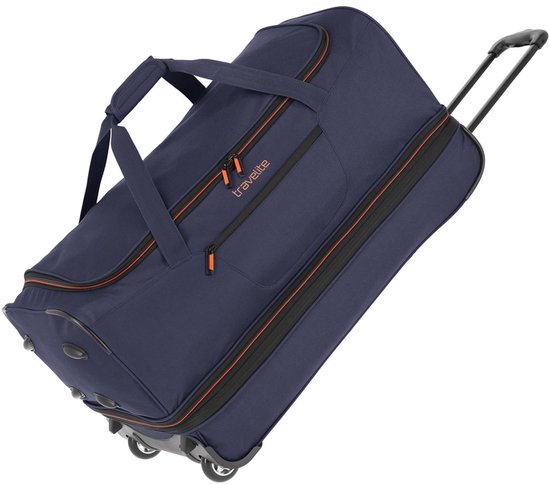 Donkerblauwe reistas met oranje accenten, Travelite logo, uitschuifbaar handvat en wielen.