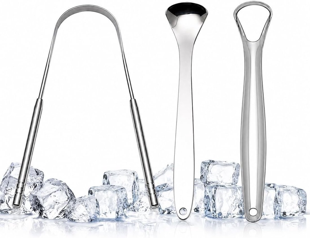 Tongschrapers set van 3, roestvrij staal, hygiënisch en duurzaam voor optimale mondhygiëne en frisse adem