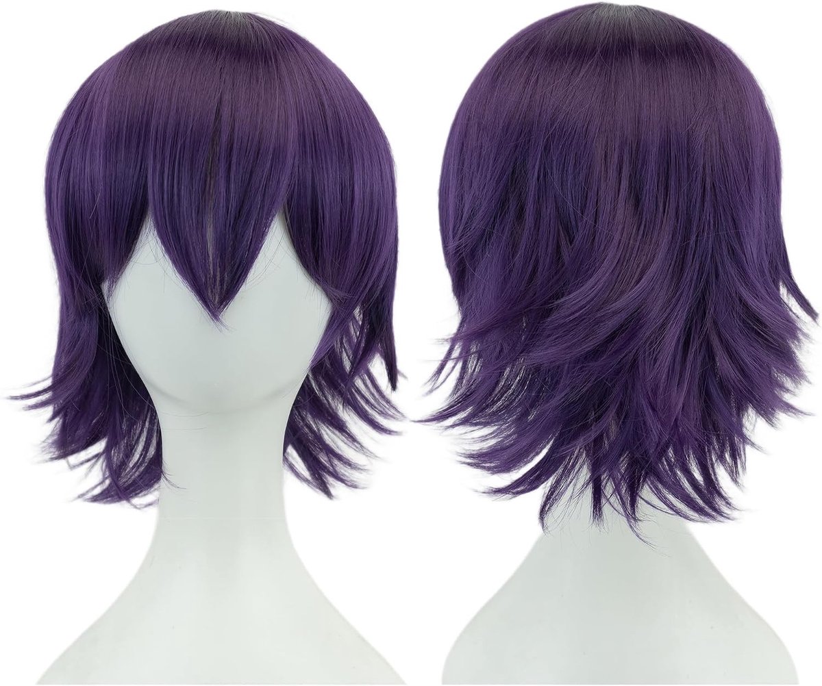 Unisex Korte Cosplay Haarperruque met Pony voor Feest en Halloween (Donkerpaars) - Perfect voor Kostuums en Theatrale Optredens