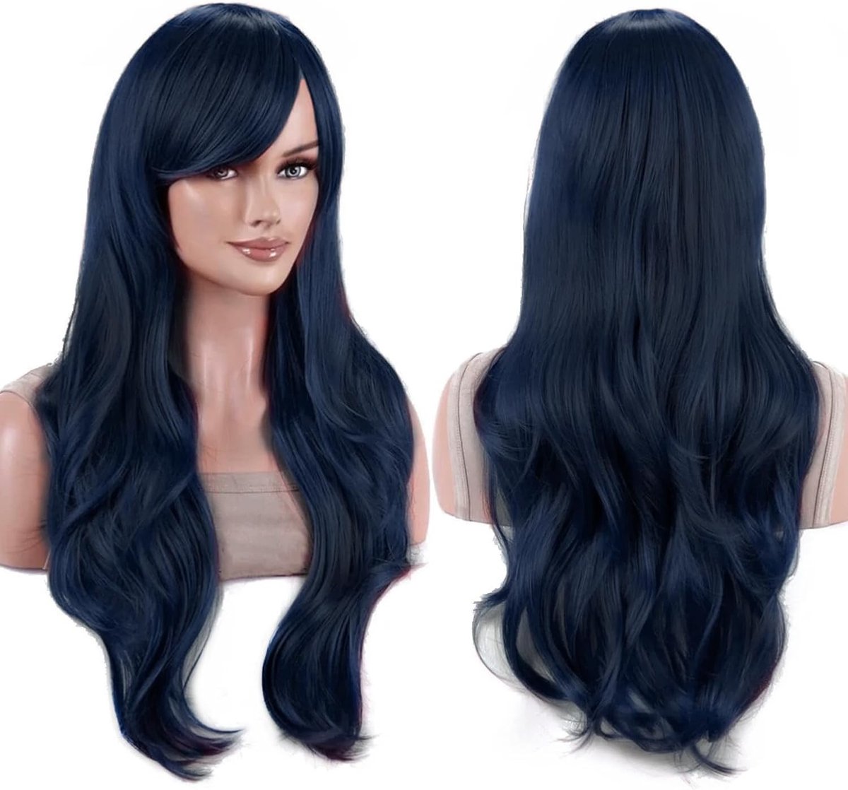 70 cm Lange Watergolvende Haarperuc met Pony voor Cosplay en Kostuum (Donkerblauw) - Perfecte Accessoire voor Feestjes en Theatrale Optredens