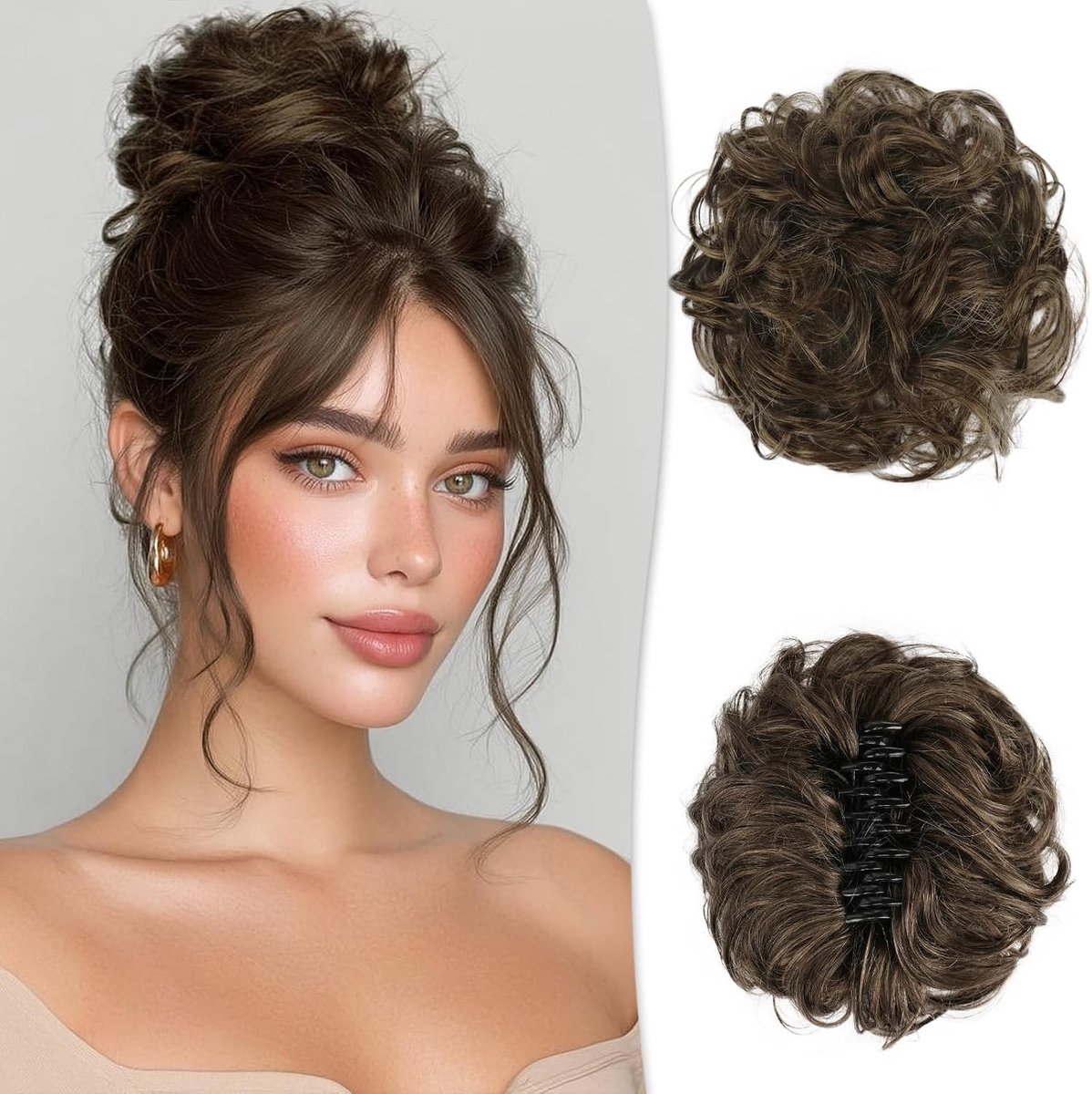 Chignon Postiche met Klem en Scrunchie van Menselijk Haar - Golvende en Krullende Ponytail Haar Extensions voor Vrouwen in Donkerbruin en Lichtbruin