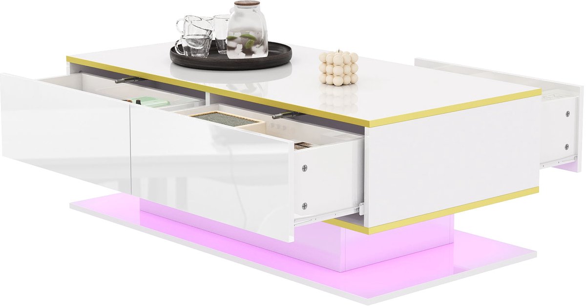 Merax Moderne Salontafel 100 x 50 x 40 cm - Wit met Goudkleurige Details - Ledverlichting - 3 Laden - Hoogglans