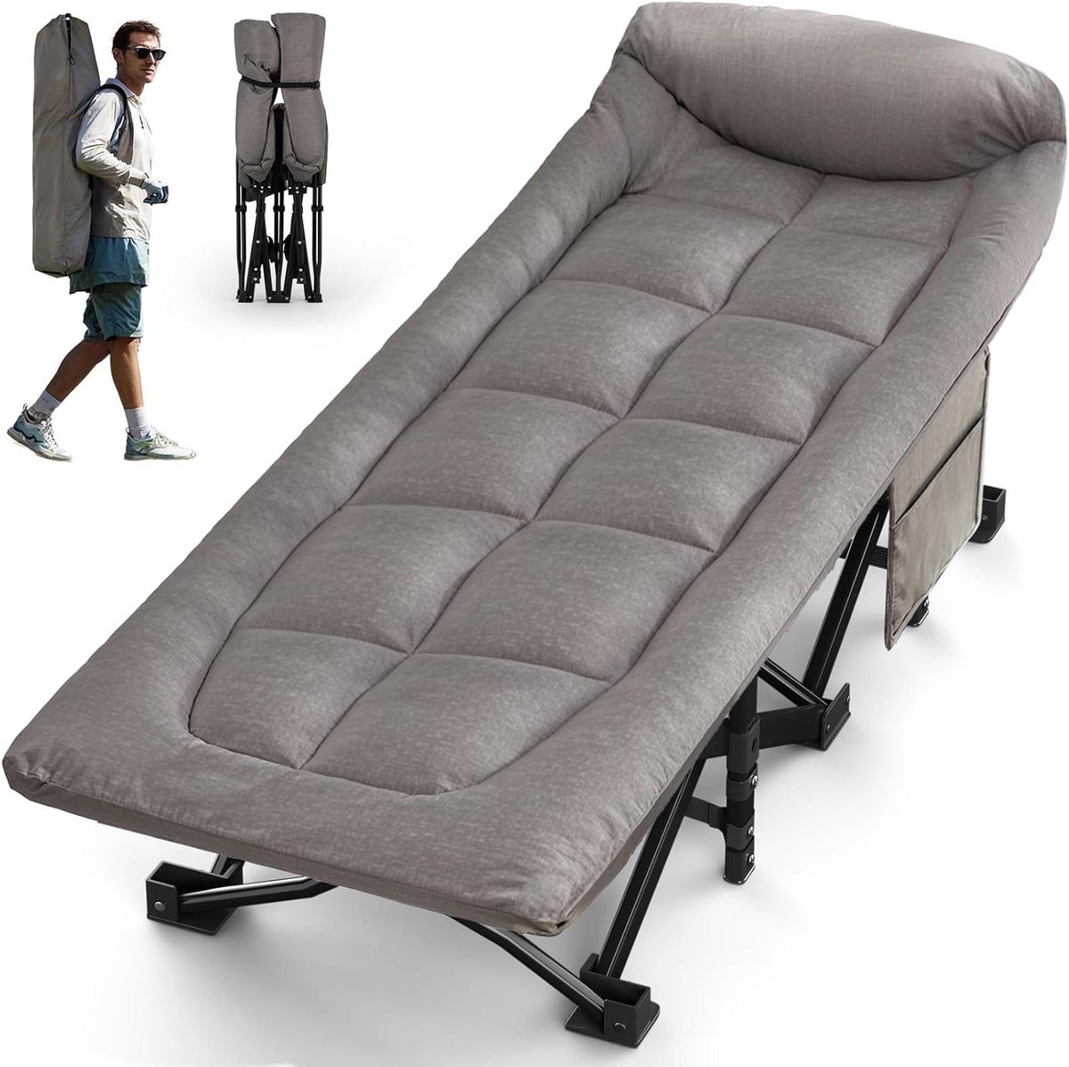 Campingbed - Opklapbed Logeerbed - Comfortabel Ontspannen - Geïntegreerd Kussen - XL 250kg - Grijs