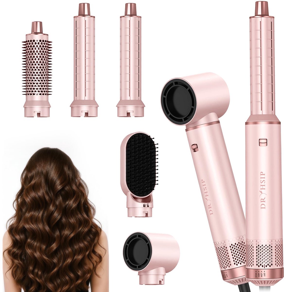 Föhnborstel 5-in-1 – Airstyler 800W – 3 Warmtestanden – Krullen, Drogen en Steilen – Sakura Roze