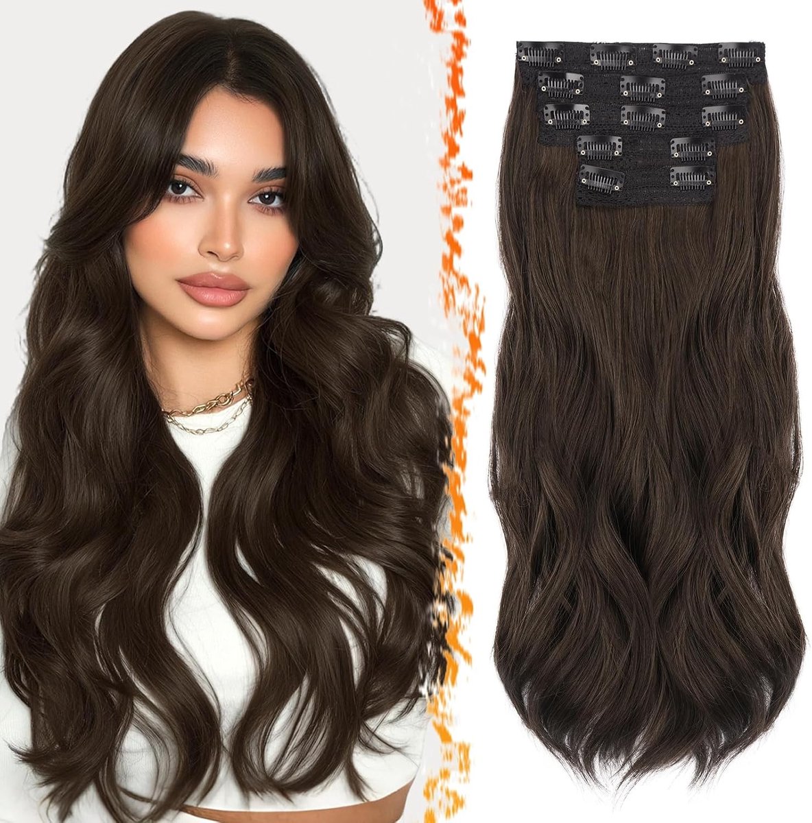 Donkerbruine Clip-in Haarextensions van 50 cm, Golvende en Dikke Haarstukken voor Vrouwen - Natuurlijke Look en Gemakkelijk te Bevestigen
