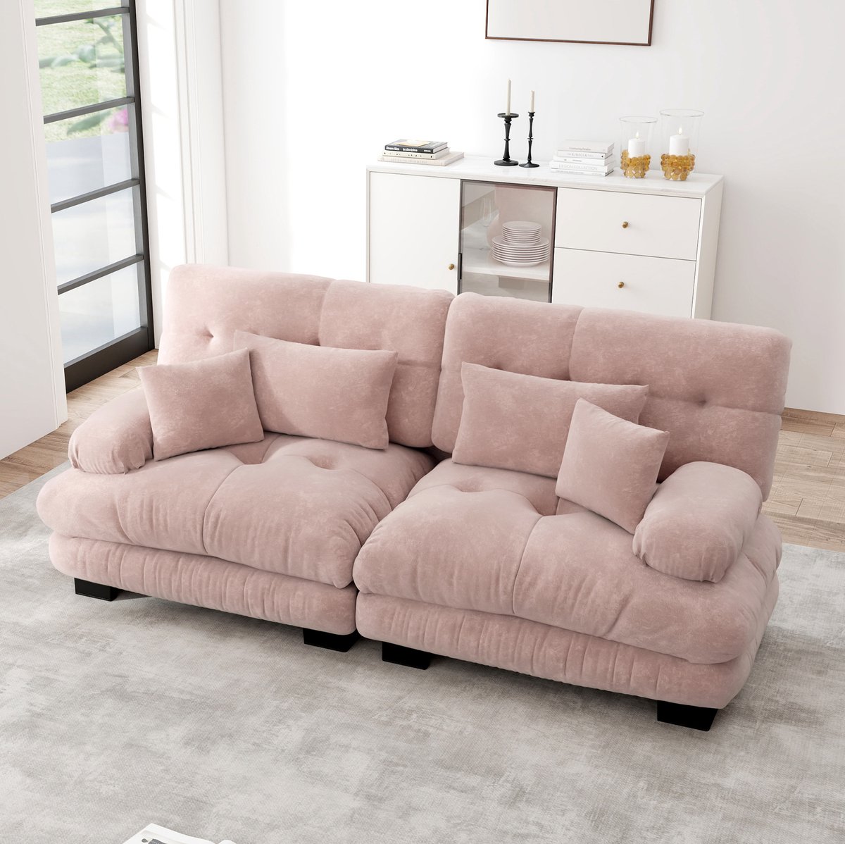 Modenuit Zitbank 220 cm - Cloud Look Met 2 Lendenkussens En 2 Sierkussens - Voor Woonkamer - Chenille - Roze